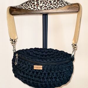 Black Textured Crossbody Bag with Metal Hardware